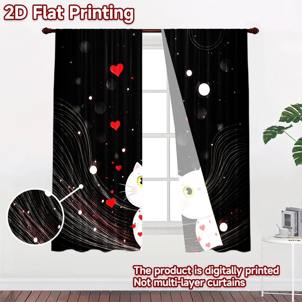 2D flat printing 2pcs Curtain Party Window Curtains Valentine's Cute Cat Digital Printed Polyester Drapes Seasonal Party &