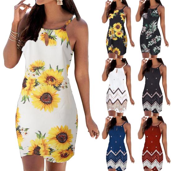 Damen Sommer Sexy Ärmellos Sonnenblume Wellenförmiges Sommerkleid Neckholder Party Strandkleid