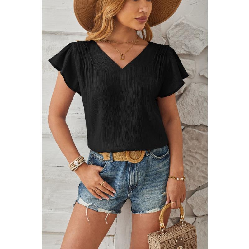 Summer New V-neck Fashion Short Sleeve Casual Women Blouse Elegant Loose Pleated Office Tops Solid Color Simple Loose Slim Women Vlothing