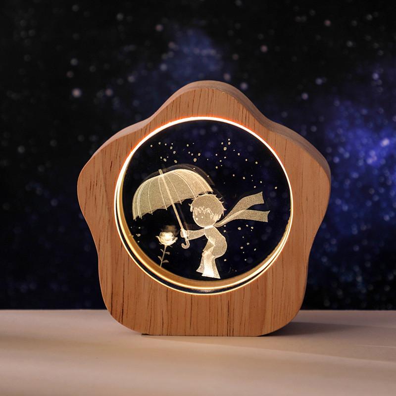 Crystal Desktop Luminous Ornaments Wooden Frame USB Night Light Gift