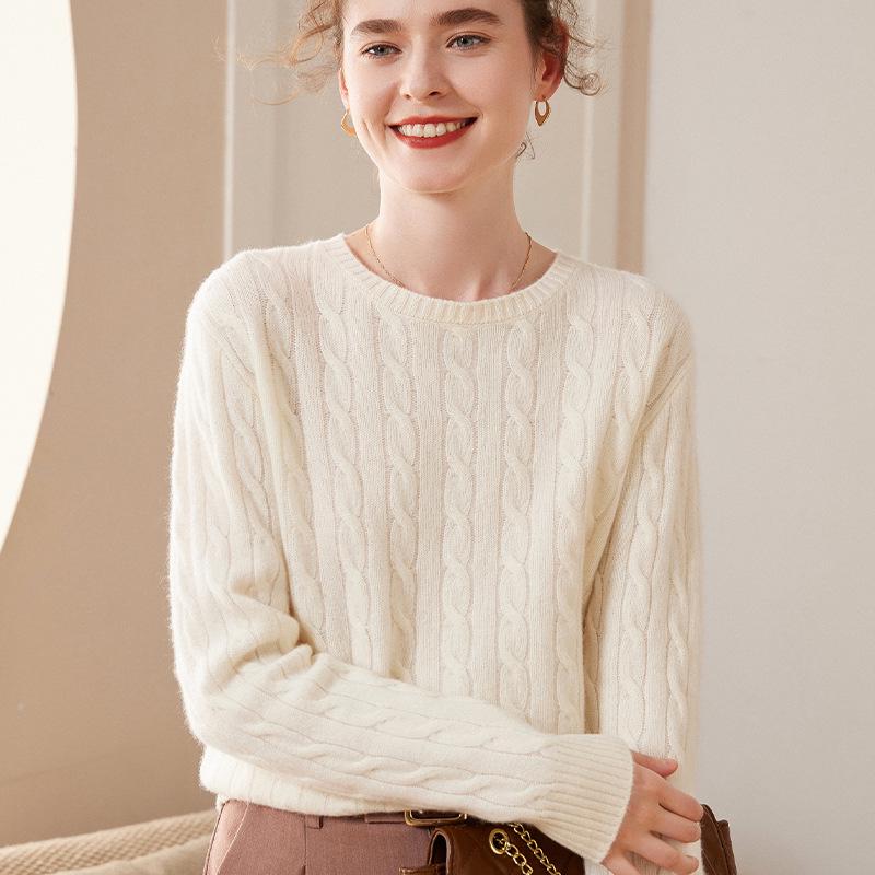 Women's Cashmere Knit Pullover: Thick Slim-Fit Round Neck Sweater for Autumn & Winter
