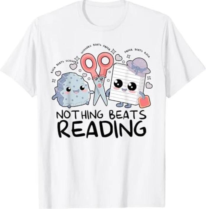 

Nothing Beats Reading Rock Paper Scissors Book Lover Teacher T-Shirt L