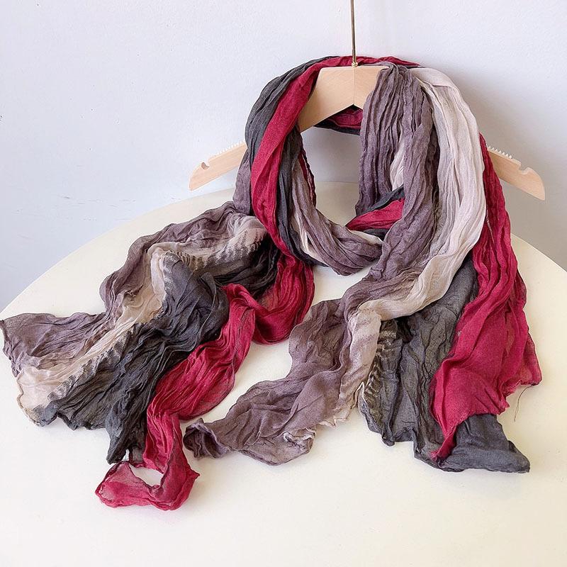 Retro Pleated Color Matching Scarf Soft Versatile Slender Silk Scarf Women'S Autumn And Winter Warm Neck Protection Scarf Shawl