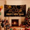 Happy New Year Backdrop, 72 x 44 Inch Large Happy New Year Banner 2026 Black Gold Background Banners for New Years Decorations 2026