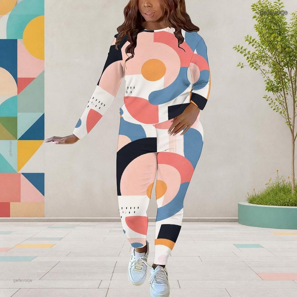 Women Plus Size Cream White Dots Printed Round Neck Long Sleeve Fitted Two Piece Pants Set With Pockets