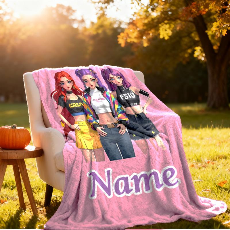 Personalized Kpop Girl Group Blanket with Name Text, Soft Quilted Flannel All Season Throw, KPop Member Prints Bedspread 150cm*200cm