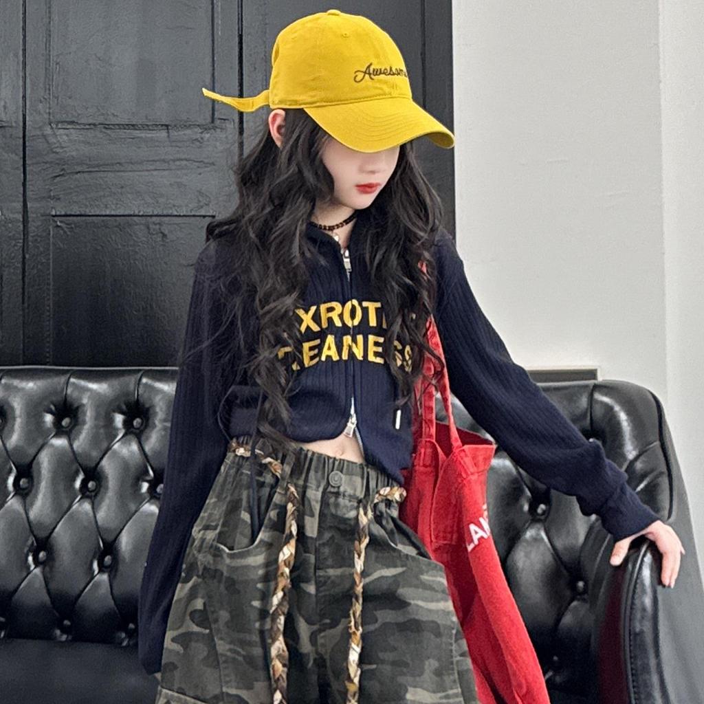 Girls' Retro Camo Waist-Tie Wide Leg Jazz Dance Cargo Pants - 2025 Autumn Fashion