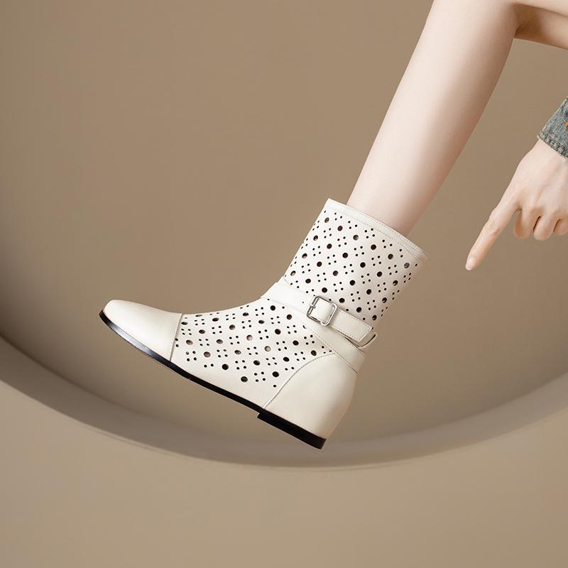 Fashion Women's new leather and cowhide round toe boots with spring and autumn height increase and calf mid heel plus size short boots