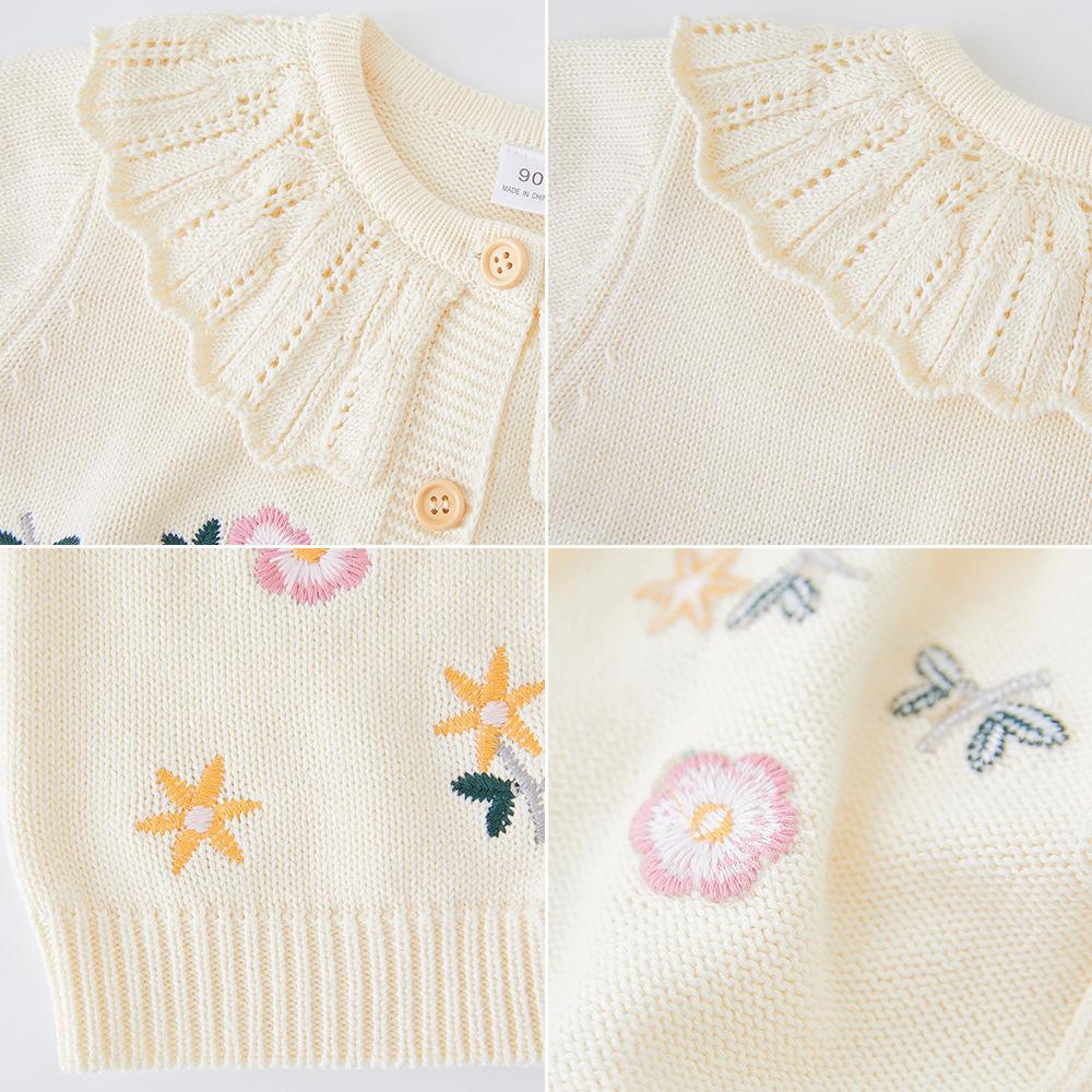 Korean Style Spring and Autumn Lapel Knitted Cardigan for Small and Medium-sized Children, Girls, Embroidery, Children's Sweater Jacket