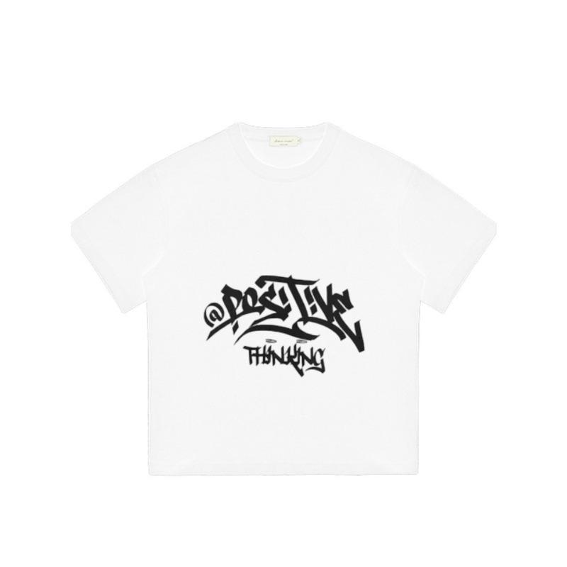 Oversized White T Shirt with Postive Thinking Graffiti Print for Casual Streetwear Style