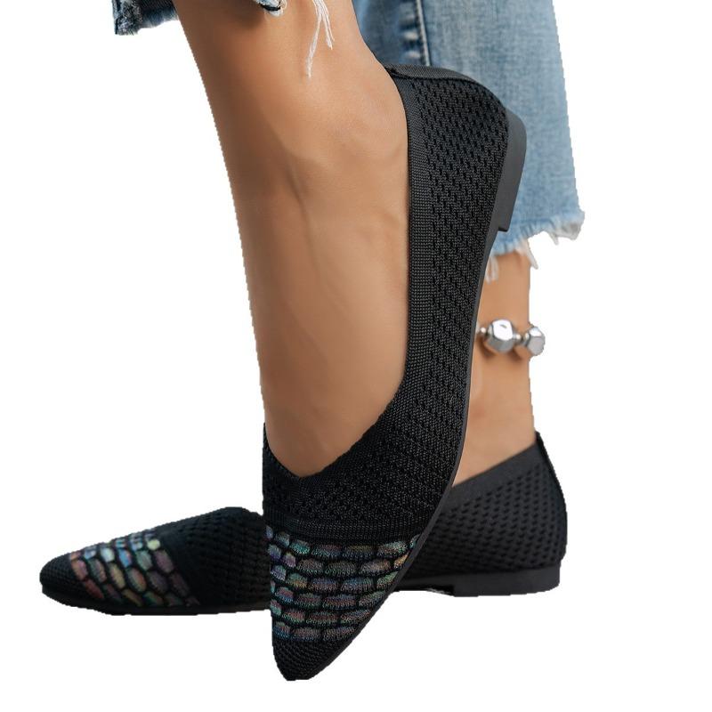 Women's Wide Width Flyknit Pointed Toe Flats - Color Block Slip-On Shoes with Cushioned Sole, Breathable Everyday Casual Shoes for Women