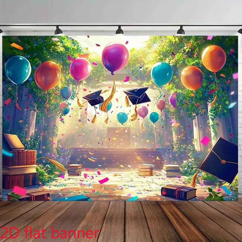 

2D Graduation Party Backdrop Cap Balloon Confetti Books Background Banner 47.2x31.5inch/120*80cm