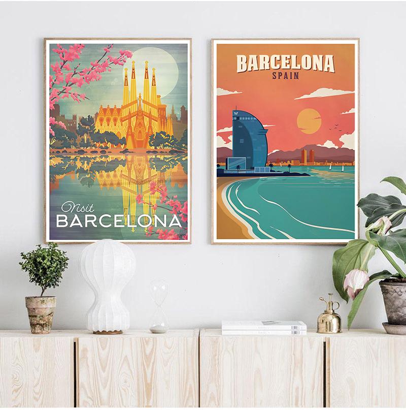 Europe Spain Barcelona Pop Art Travel Canvas Paintings Vintage Kraft Posters Coated Wall Stickers Home Decor Family Gift No Frame