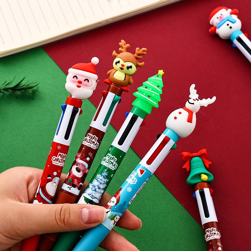 Random 5pcs Cartoon Christmas Pens 4in1 Retractable Colored Ballpoint Pen Xmas Gel Pen for Party Gifts School Office Supply