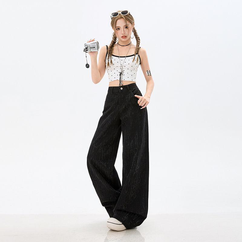 Early Spring Premium Meteor Bling Rhinestone Black High Waist Stack Wide Leg Long Denim Pants For Women Casual Pants Oversize Denim Trousers
