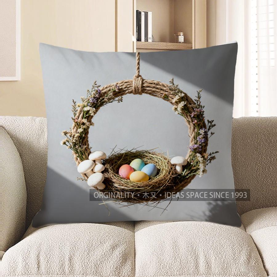 2D Wreath With Eggs And Mushrooms Pillow Cover Pattern Cushion Cover Suitable For Sofa Bedroom Car Pillow Cover 40x40cm 588₽