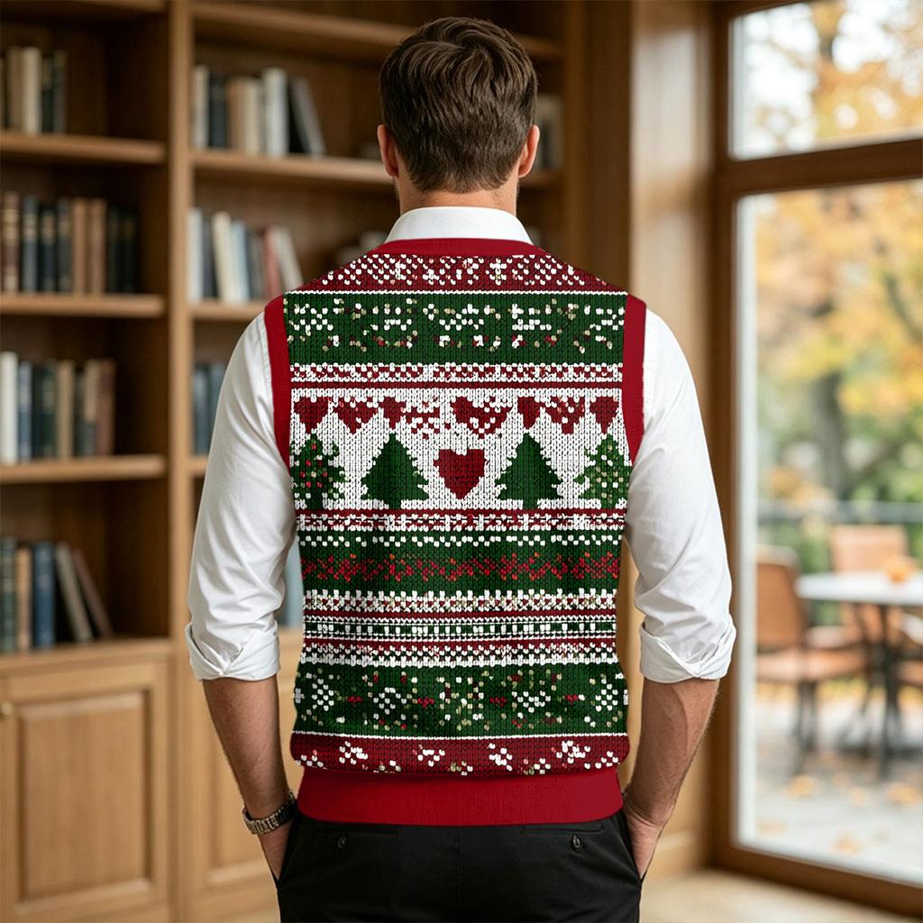 Gilet lavorato a maglia casual da uomo con scollo a V in lana e stampa natalizia per il tragitto casa-lavoro e l'uso quotidiano