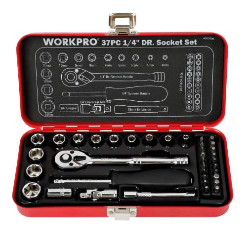 WORKPRO 37-Piece Garage Tool Set with Socket Wrench, Ratchet Wrench, 6.35mm (1/4") Drive, Quick-Release Ratchet Handle, and Steel Case Included