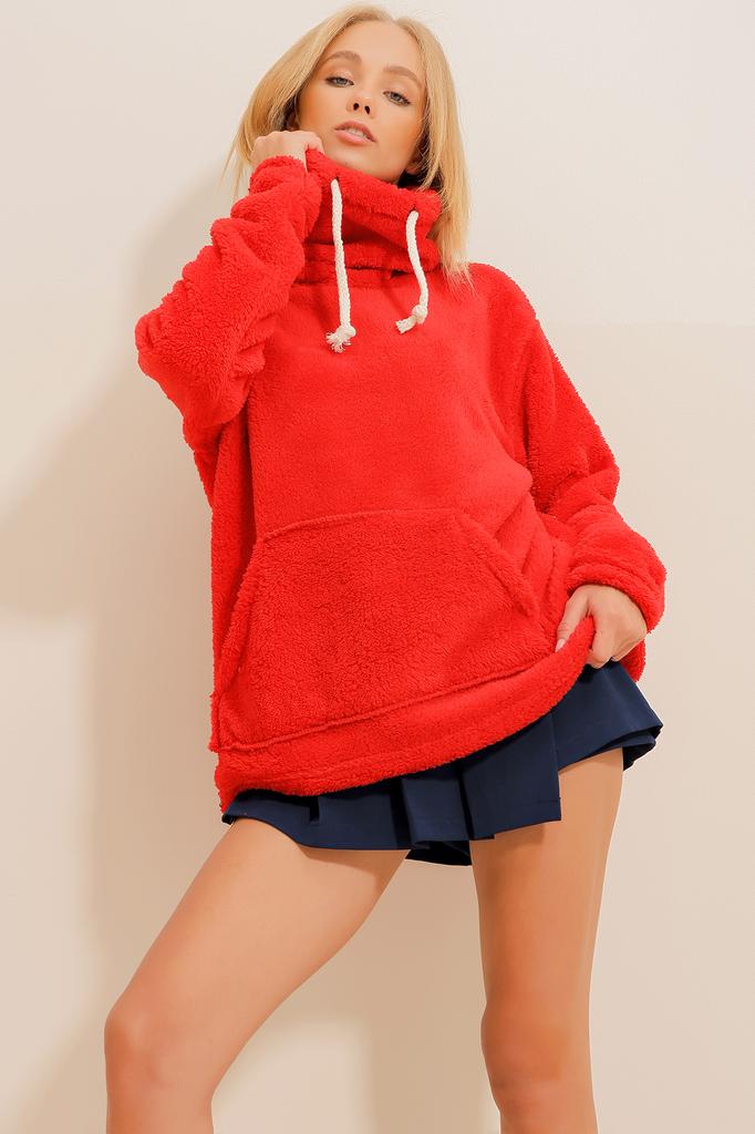 Women's Sweatshirt New Season Fashion Green Stand Collar Kangaroo Pocket Plush Sweatshirt
