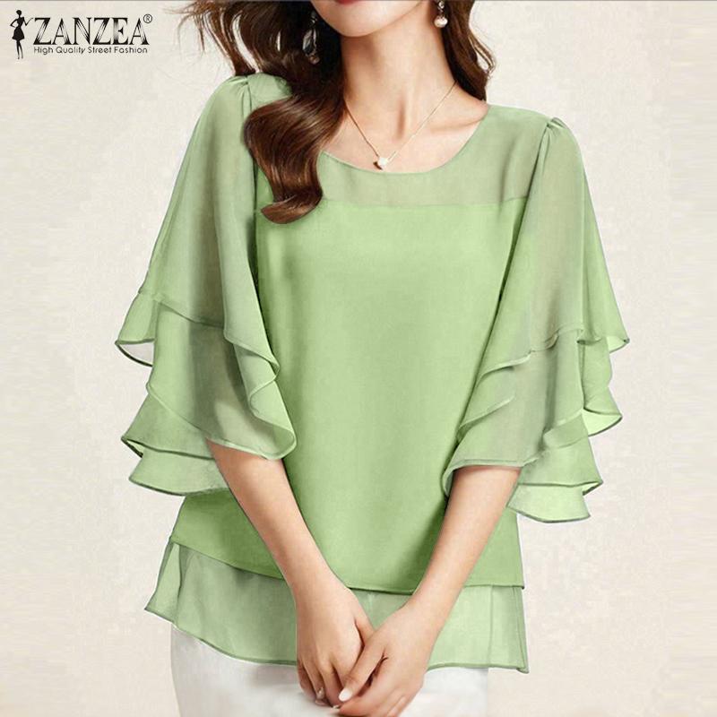 ZANZEA Women Casual Round Neck Ruffles Sleeve Loose Blouse