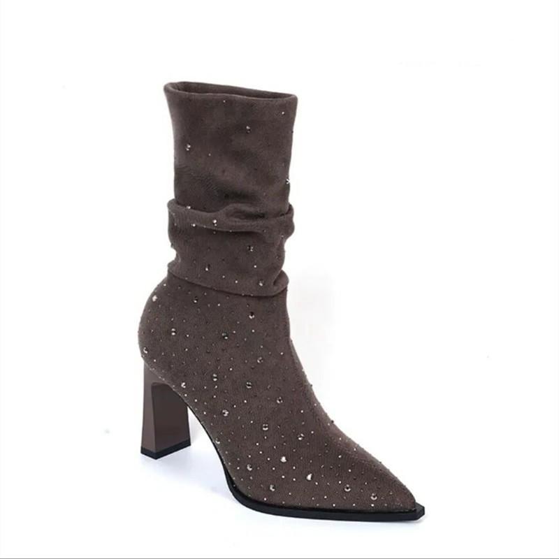 Fashion Women's Fashion Chunky Heel Boots Fall New Pointy Suede Sleeve Sequin Pleated Temperament Pile Boots