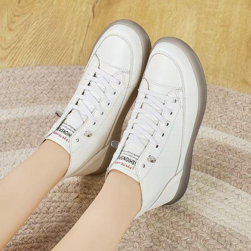 Woman's Spring Autumn New Leather High Top Casual Board shoes Flat Sole Round Toe Lightweight Non Slip Lace Up Little White Shoe