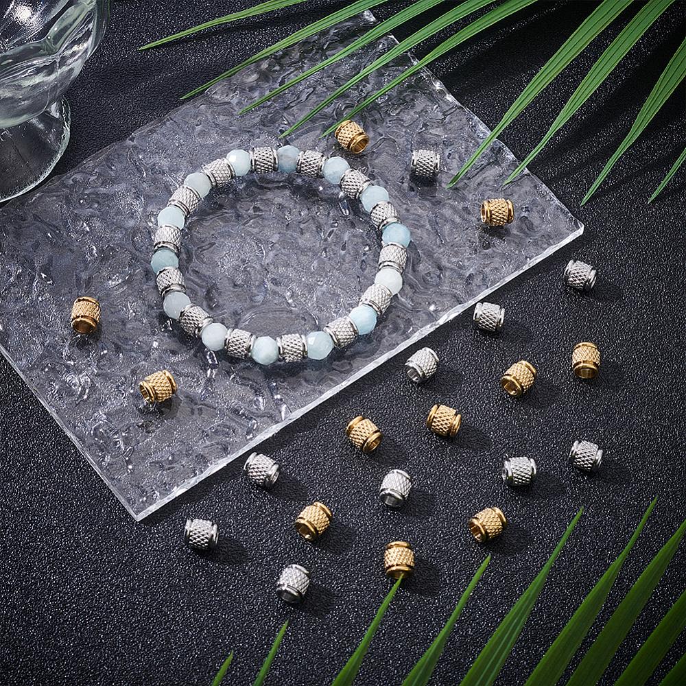 60Pcs 2 Style 303 Stainless Steel European Beads, Large Hole Beads, Column, Real Gold Plated & Stainless Steel Color, 7x8mm, Hole: 4.2mm, 30pcs/style