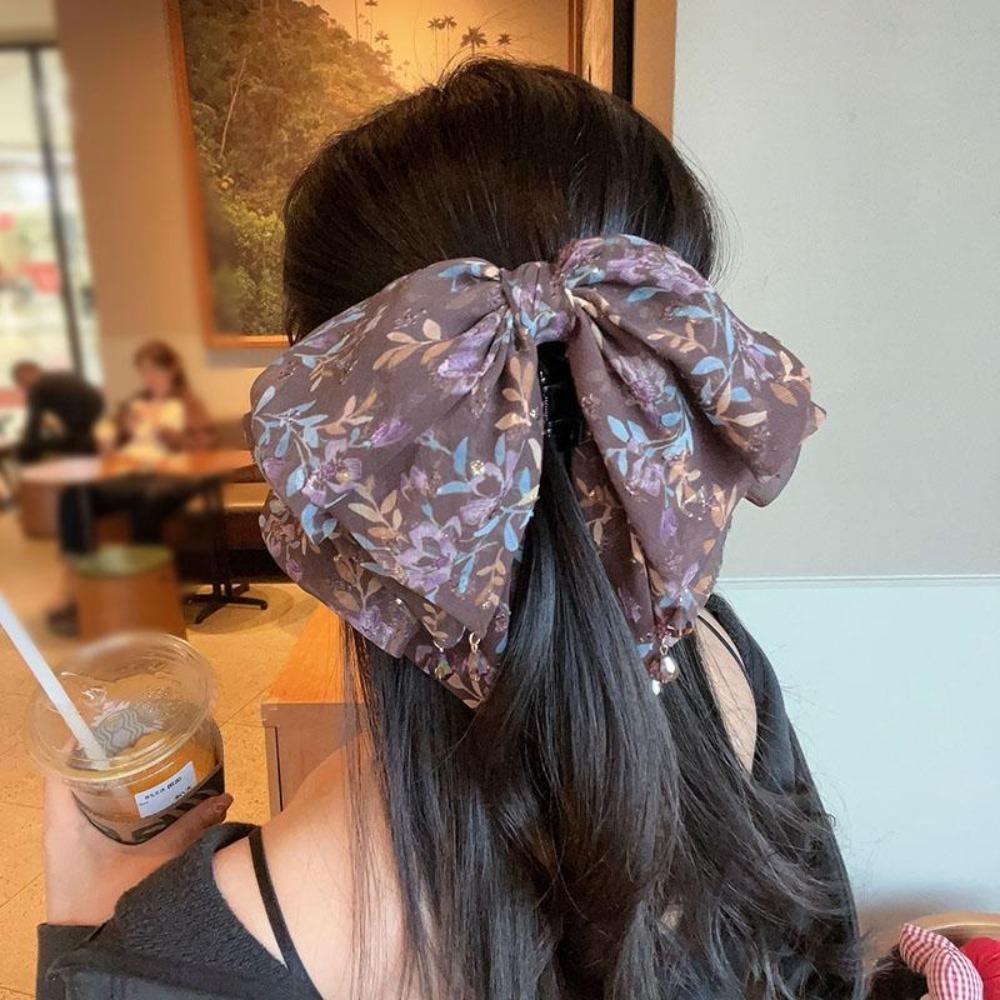 Sweet Bow Shark Clip Large Women Hair Grab Clip Crystal Chiffon Hair Claw  Hair Accessory