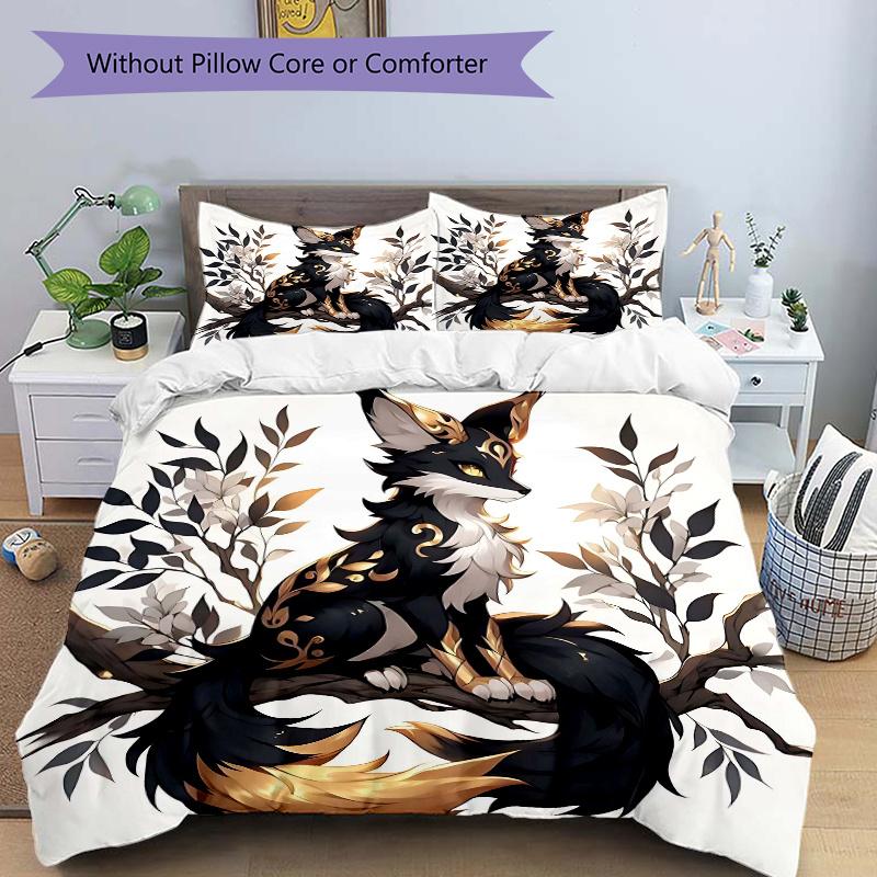 

3pcs Black Cool Fox Bedding Set - Includes Quilt Cover and Pillowcases, Suitable for All Seasons, Machine Washable - Ideal Gift for Family a 135cm*200cm