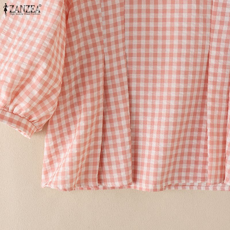 ZANZEA Women Grid Print Casual Round Neck 3/4 Sleeve Blouse