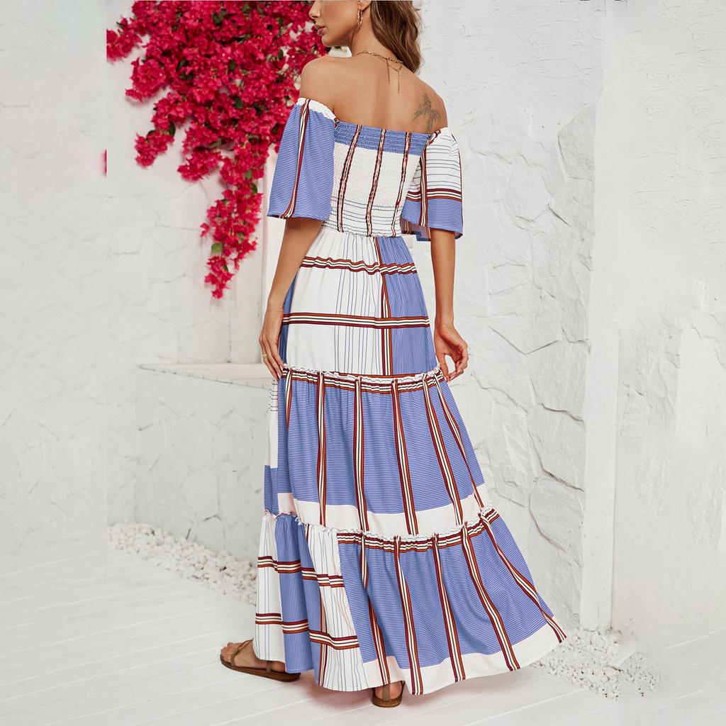 Women's Casual Fashion Solid Colour One Neck Short Sleeve Waist Slim Long Big Swing Dress