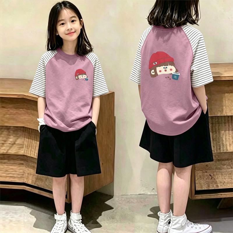 Girls' Cotton Striped Patchwork Short-Sleeve Two-Piece T-Shirt Set for Summer