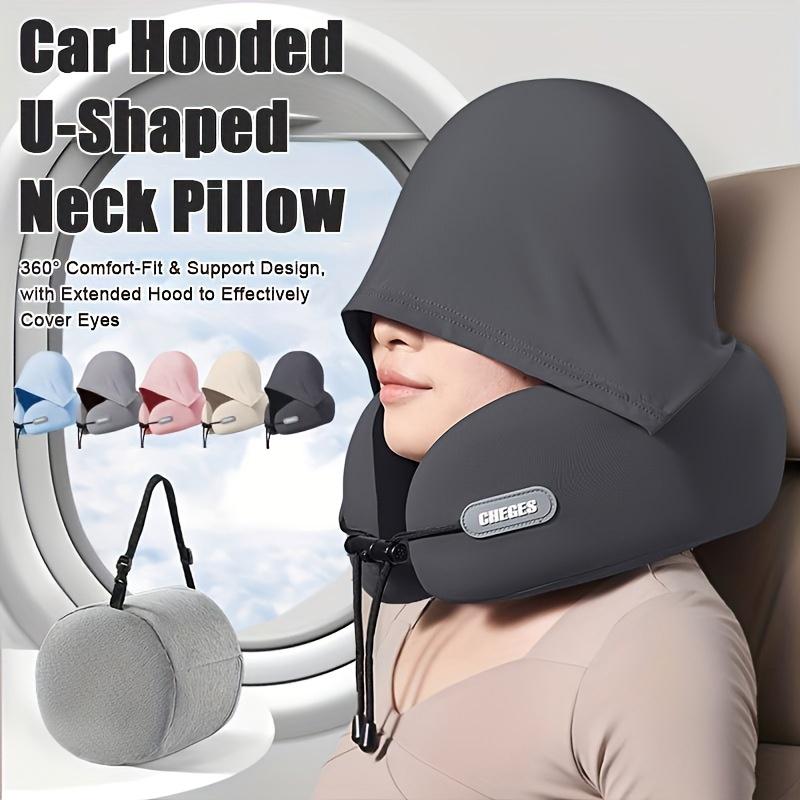 Adjustable U-Shaped Neck Pillow 1pc Hooded Synthetic Fiber Hand Washable Multiple Colors for Car Travel Outdoor Use 100% Filling Comfort Fit