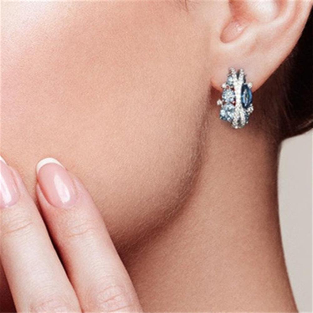 Charm Female Blue Purple Zircon Stone Hoop Earrings Silver Color Simple Wedding  For Women
