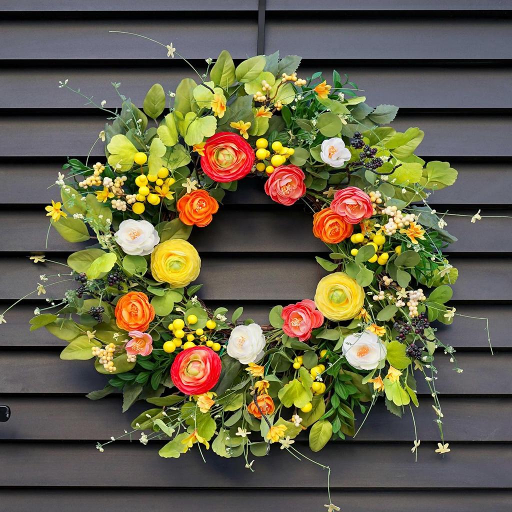 Spring Wreaths for Front Door, Soomeir Summer Peony Outdoor Wreath, Green Floral Door Decor for All Season Home Wall Wedding Farmhouse Holiday