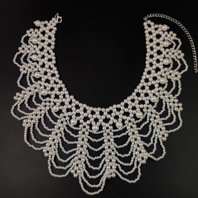 Handmade Layered Pearls Choker Necklace Luxurious Body Chain Shoulder Shawl Collar for Women Body Jewelry Accessory
