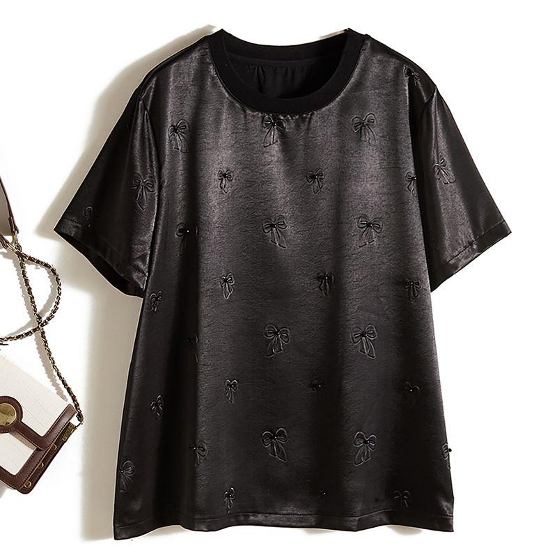 

Satin Poplin Silk Three-Dimensional Smoky Hot Short sleeve Gloss T-shirt Women Amoi round Neck Top Design Strong Push Black L