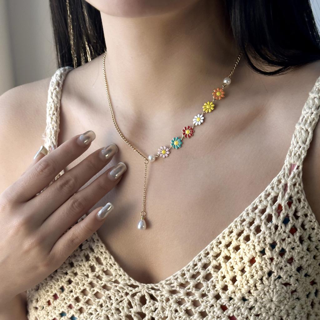 Colorful Daisy Flower Bracelet Necklace For Women Korean Sweet Clavicle Chain Choker Jewelry Set Girls Wedding Party Gift