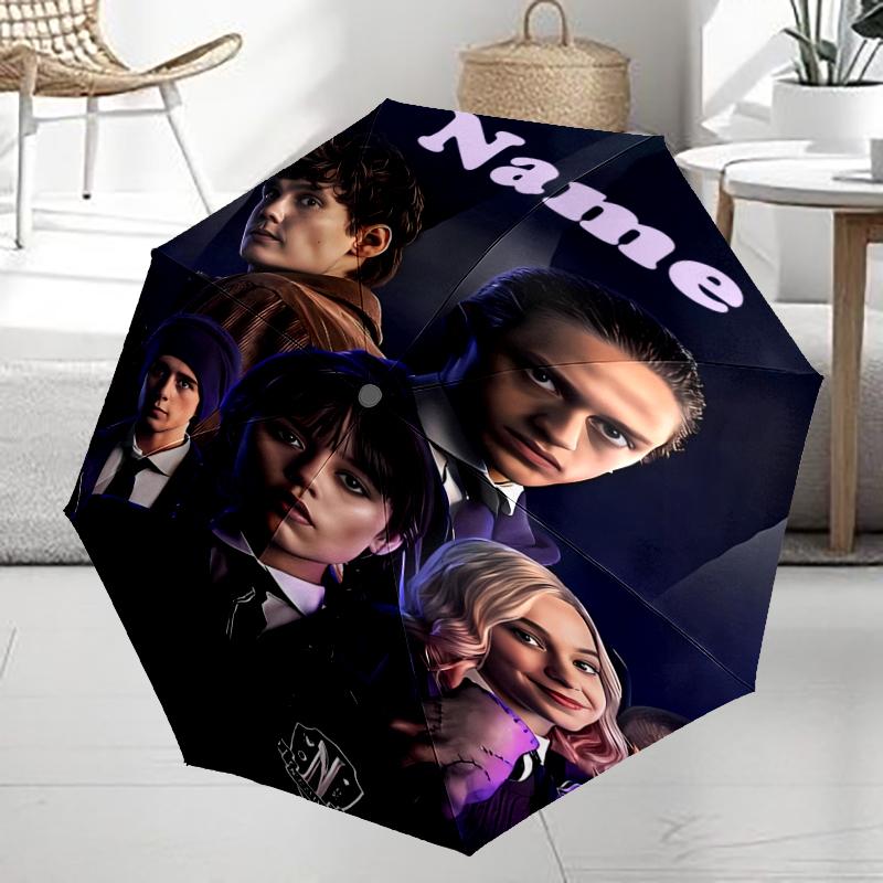 Custom Name Wednesday Theme Automatic Umbrella, Lightweight & Portable, 8 Rib, Perfect for Outdoor Travel, Birthdays, Christmas, Gifts.