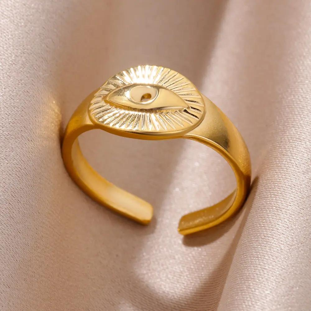 Stainless Steel Evil Eye Sun Rings For Women Gold Color Geometric Flower Ring Aesthetic Wedding Party Fashion Jewerly Gift