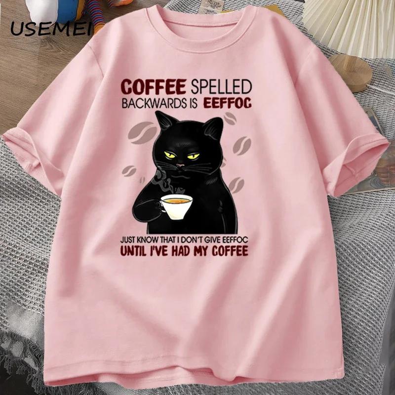 Coffee Spelled Backwards Cat T-shirt Funny Cute Graphic Tees Summer Unisex Cotton ONcek T Shirt Mens Clothes Oversized