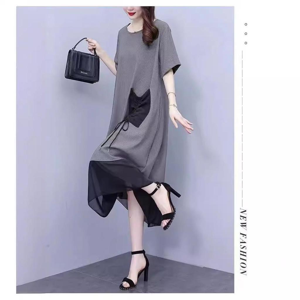 Ice Silk Striped Dress: Plus Size, Age-Defying, Loose Fit, Slimming Fashion