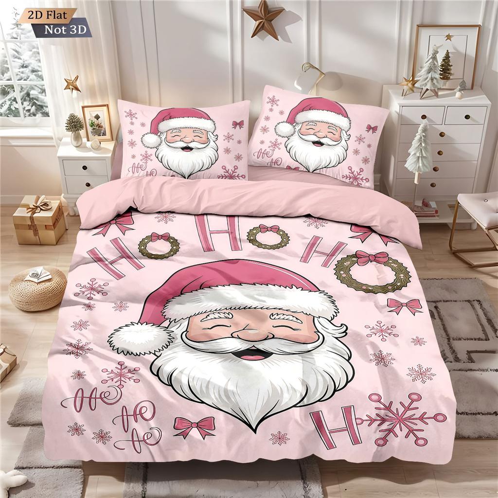 3Pcs Pink Santa Claus Printed Coreless Down Duvet Cover In Multiple Sizes Soft Bedroom Bedding Decoration Machine Washable