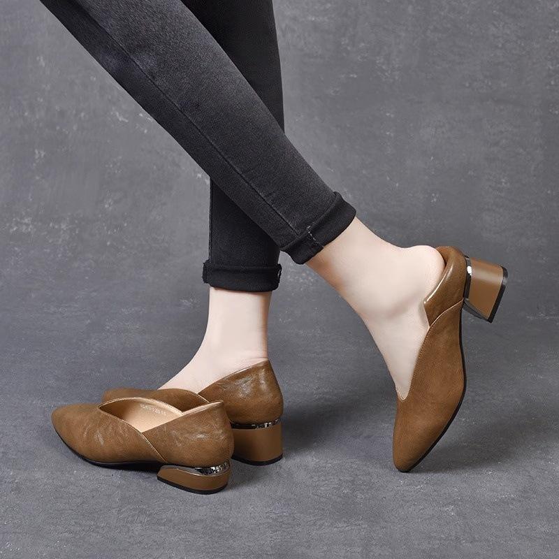 2025 new spring and summer women's shoes pointed thick heel soft leather single shoes brown ladyshoes grandma shoes medium heel Korean version shoes