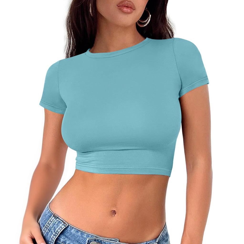 Damenmode Rundhals Halskette T-Shirt Slim Einfarbig Kurzarm Top