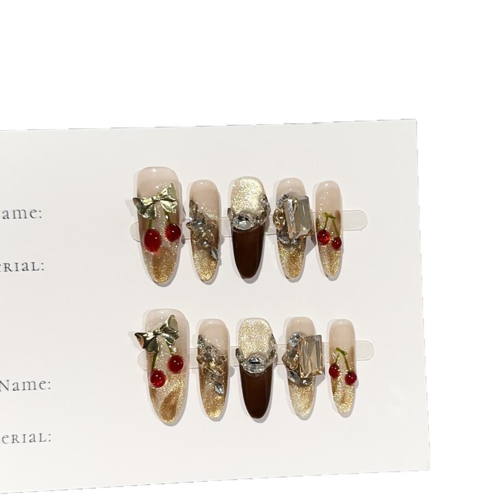 Women Press‑On Nails Pure‑Handmade Autumn Winter Amber Cherry Gold Cat‑Eye Pile Rhinestone False Nail Patches