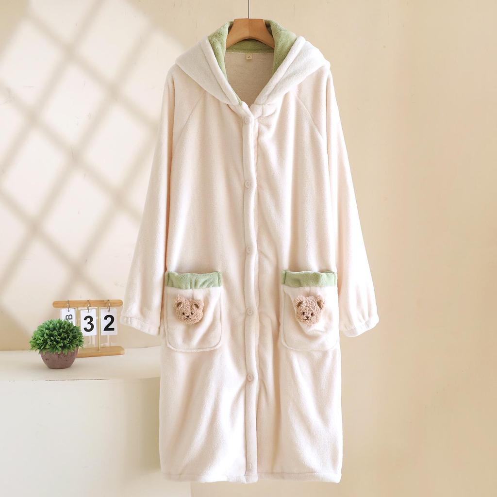 Women's Thickened Hooded Flannel Bear Robe - Cozy Wear for Indoor & Outdoor Spring and Autumn.