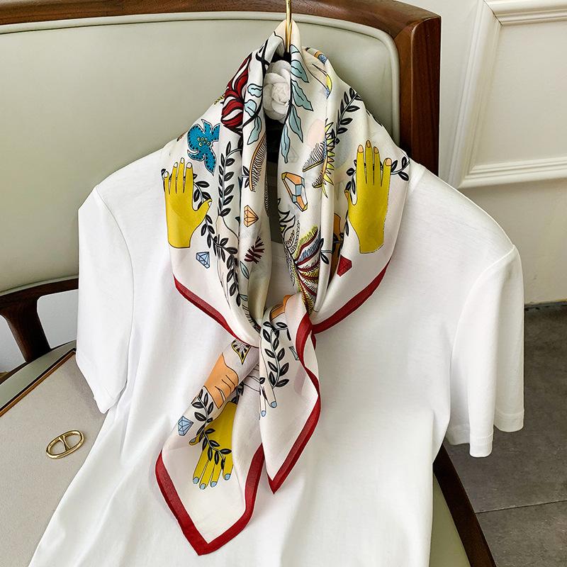 New Small Square Scarf for Women's Literary and Fresh Printed Spring and Autumn Scarf Silk Scarf for Emulated Silk Summer Sun Protection Shawl