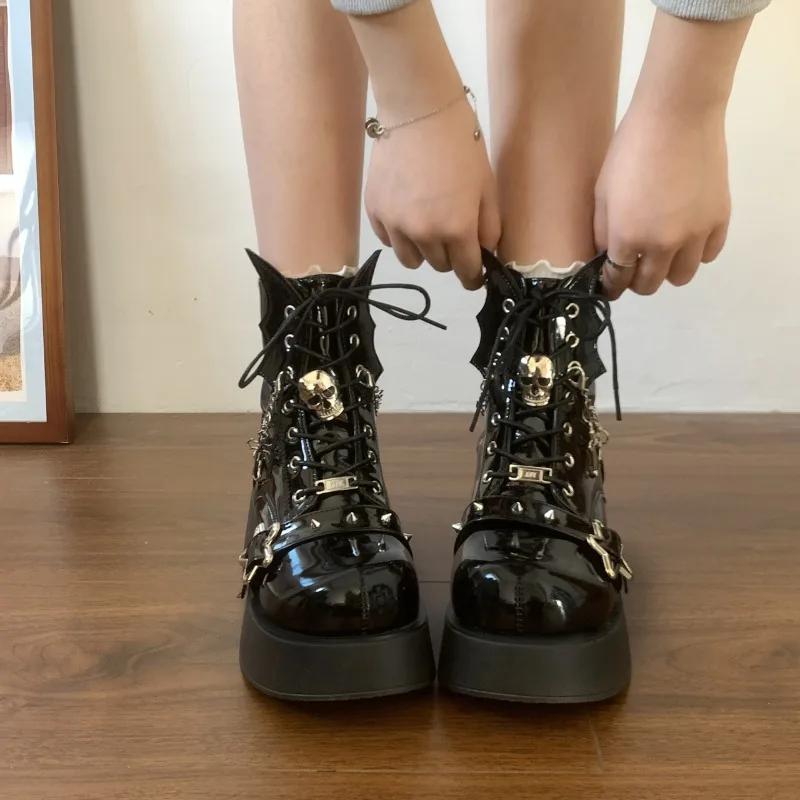 Women's Fashion Platform Knight Boots Belt Halloween Cosplay Thick Sole Leather Boots Trend Goth Women's Ankle Boots Botas Mujer