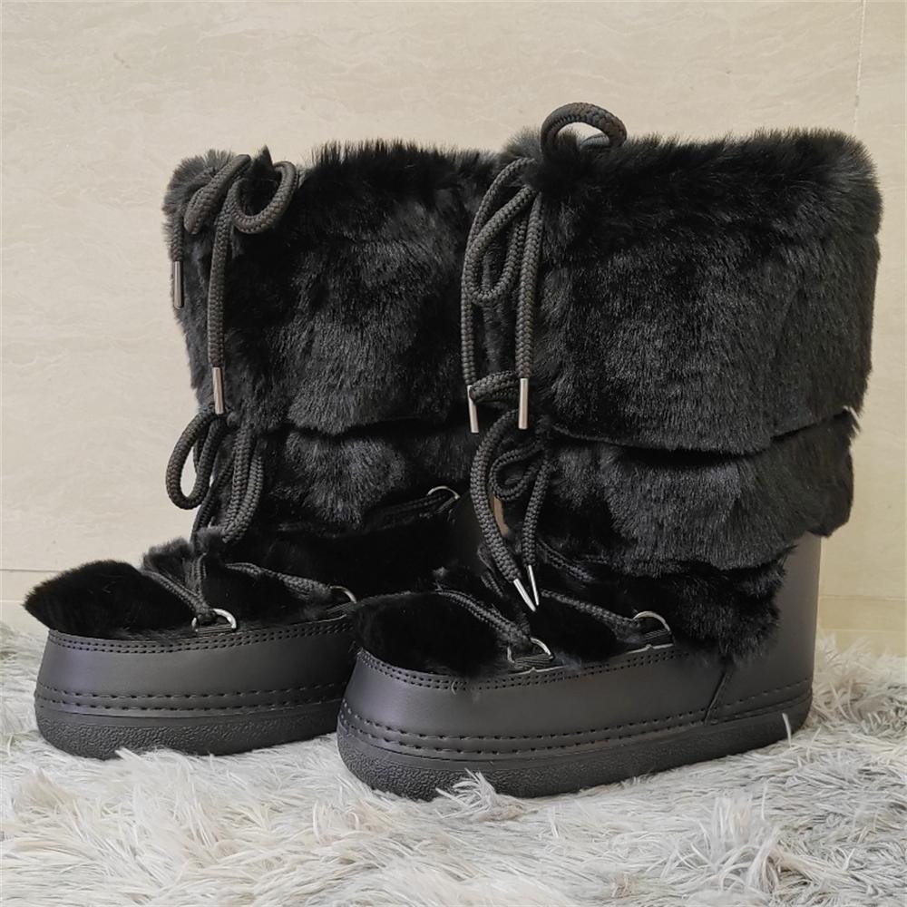 Faux Fur Boots for Women Warm Comfortable Woman Ski Boots  Winter Middle Claf Lace-up Waterproof Platform Snow Boots Black
